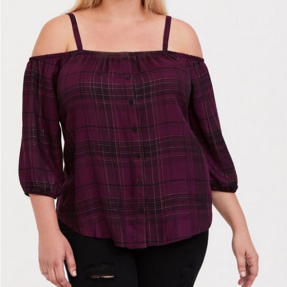 Torrid Purple Plaid Button Front Cold Shoulder Top 00